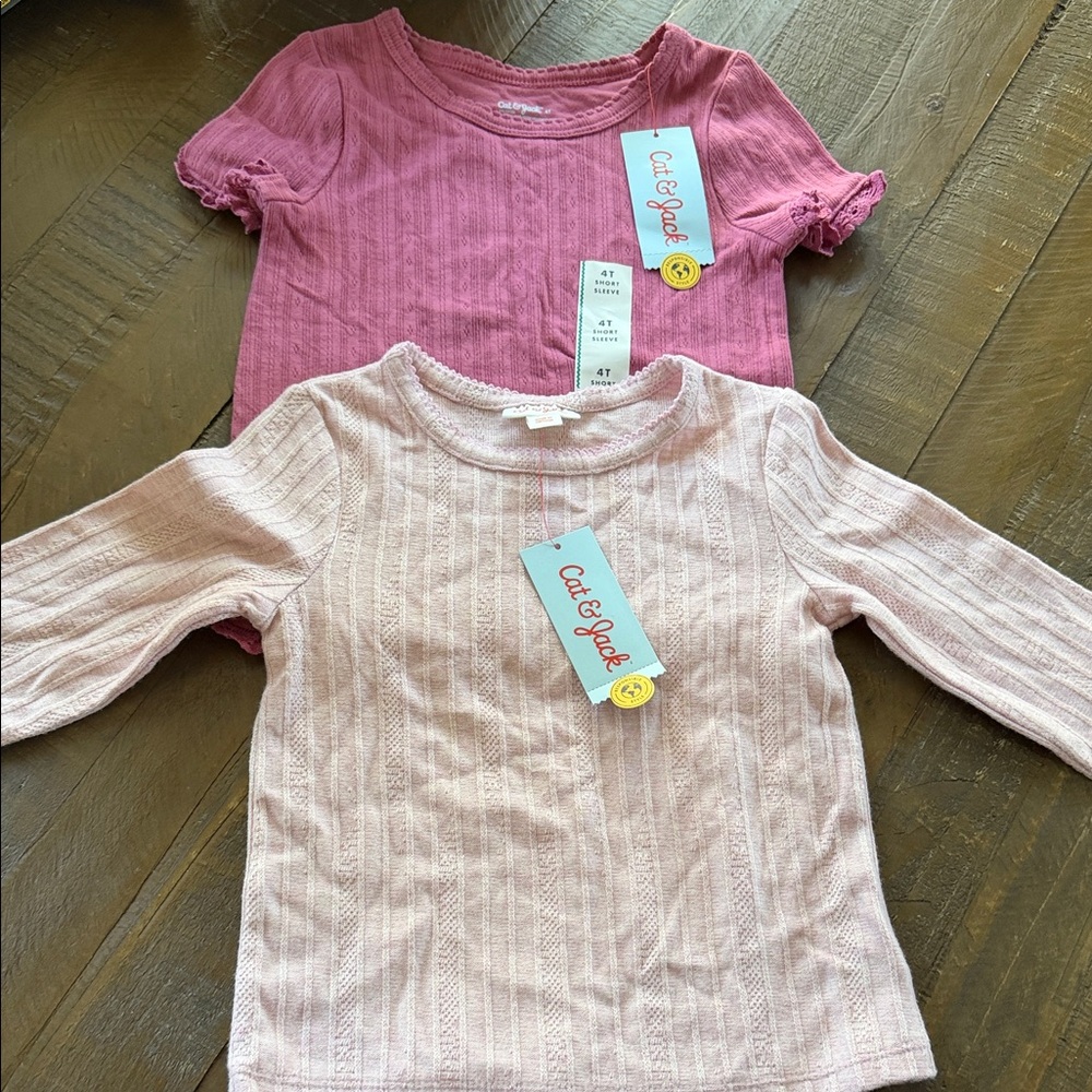 Cat & Jack Pink Ribbed Long Sleeve and Short Sleeve Tops - 4T
